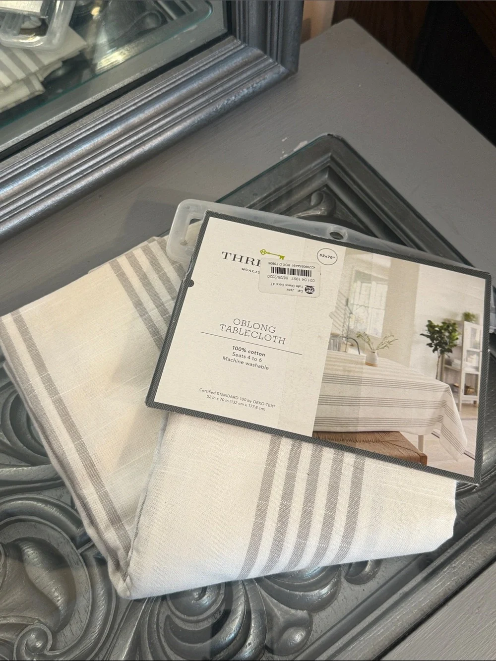 Threshold 52” x 70” White and Gray Striped Oblong Tablecloth